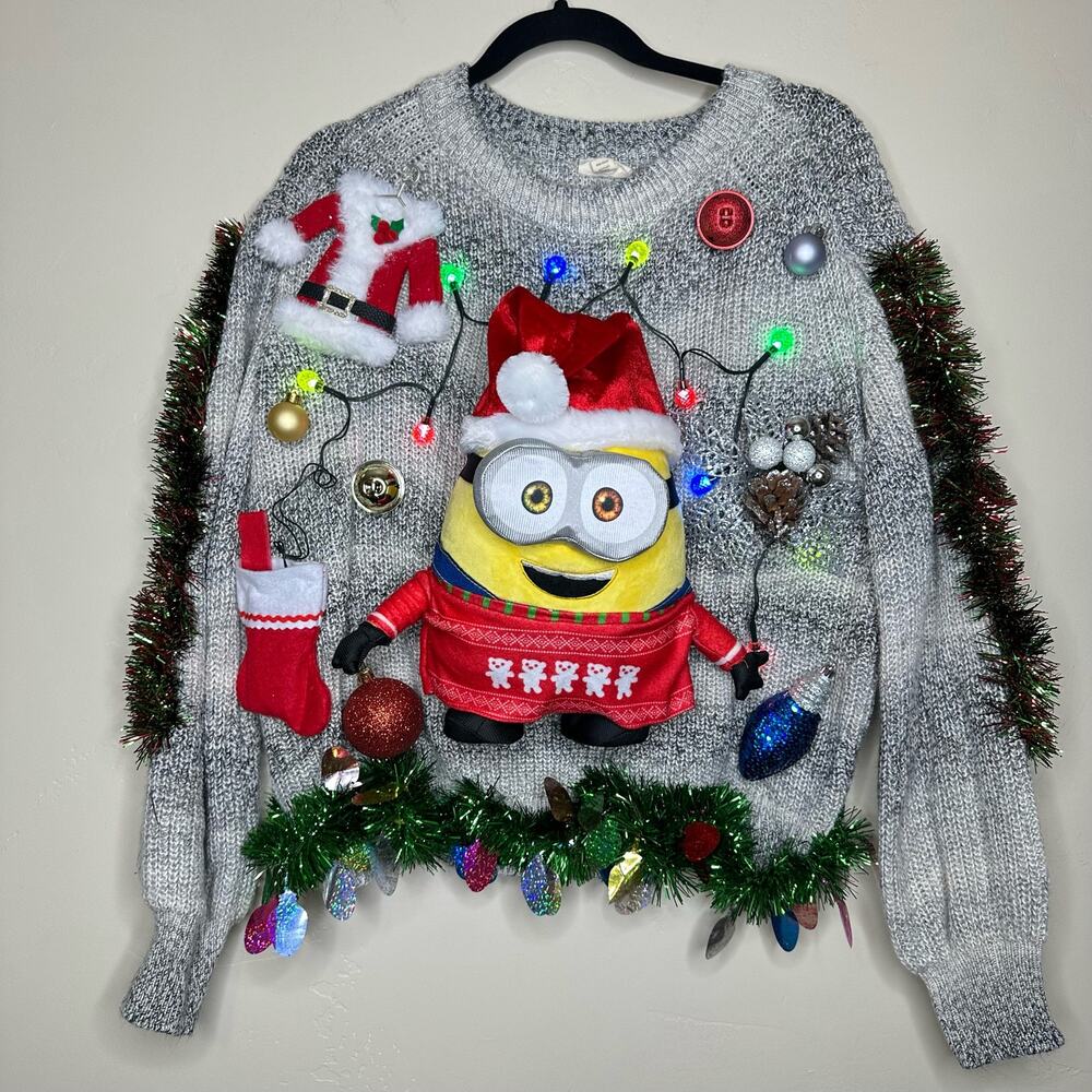 Ugly Christmas Sweater Singing Minion LIGHTS UP Tacky Tinsel Xmas Party Winner